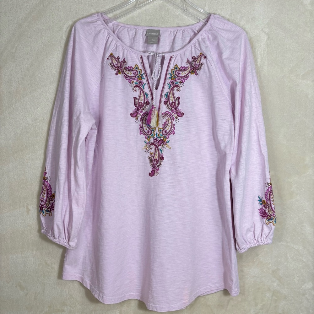 Chico's Women's Lilac Paisley Print Embroidered Beaded Boho Peasant Tunic Size 1